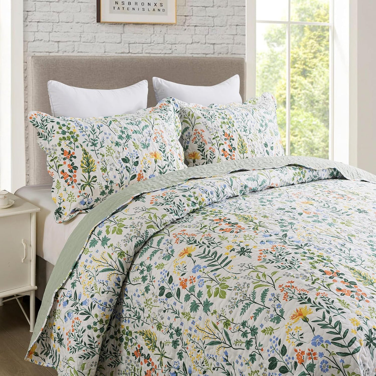 3-Piece Quilt Set Quilted Bedspread Lightweight Coverlet Set Garden Style Floral Printed Quilted Bedding, Queen Size