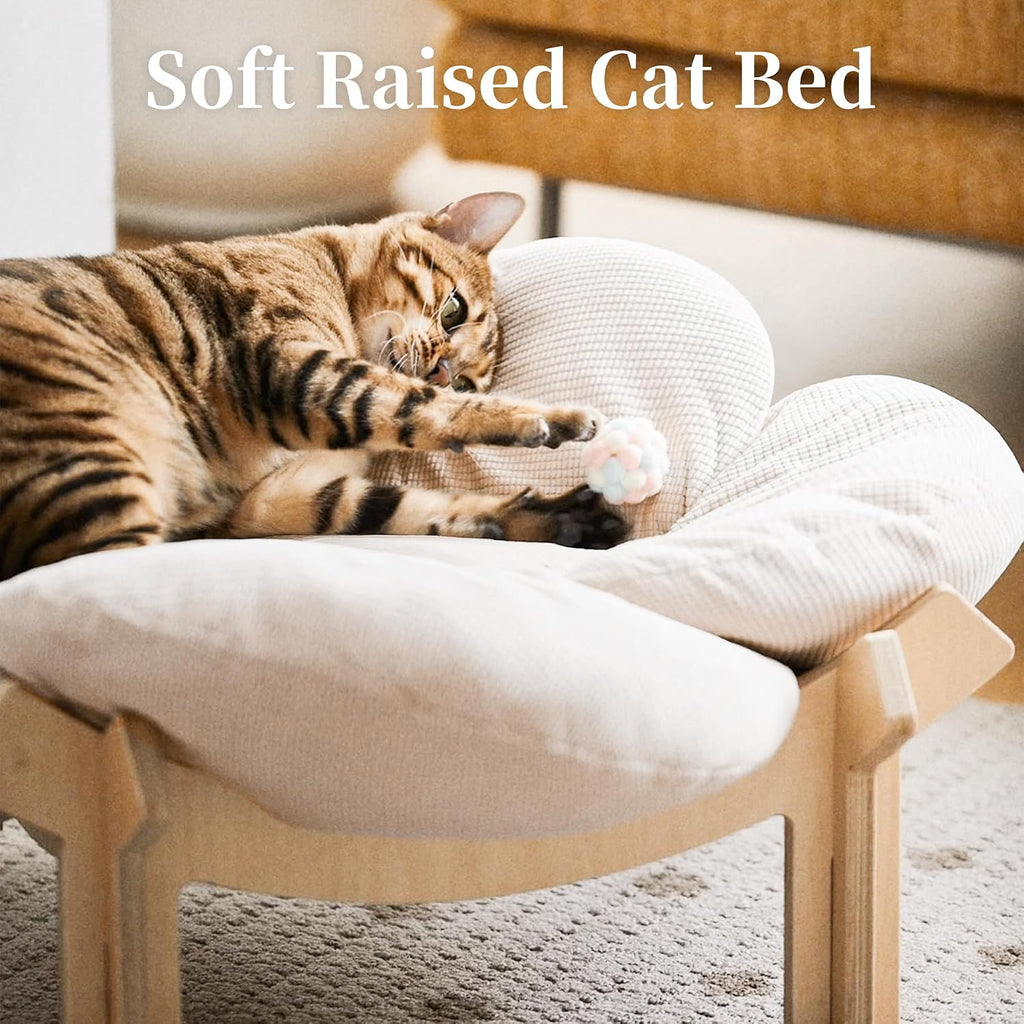 Elevated Cat Bed Wooden, Cat Couch Fluffy, Cat Sofa Flower for Indoor Cats, Raised Cat Bed with Washable Fluffy