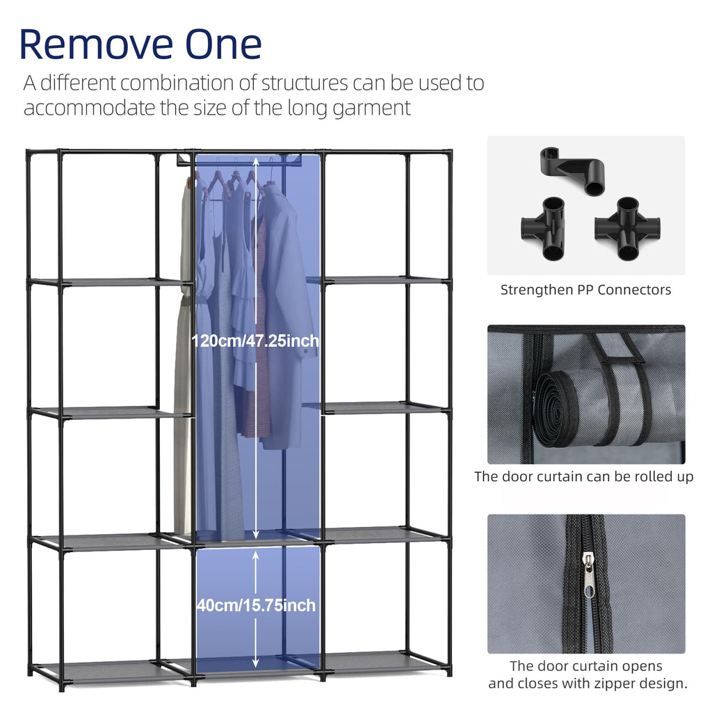 Portable Closet, Wardrobe Closet with 10 Storage Shelves and 2 Hanging Rods, Non-Woven Fabric Cover, 52.4 x 18.1 x