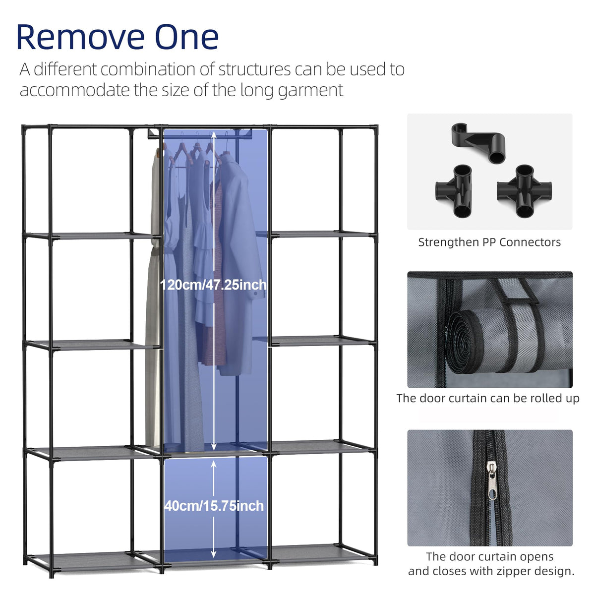 Portable Closet, Wardrobe Closet with 10 Storage Shelves and 2 Hanging Rods, Non-Woven Fabric Cover, 52.4 x 18.1 x