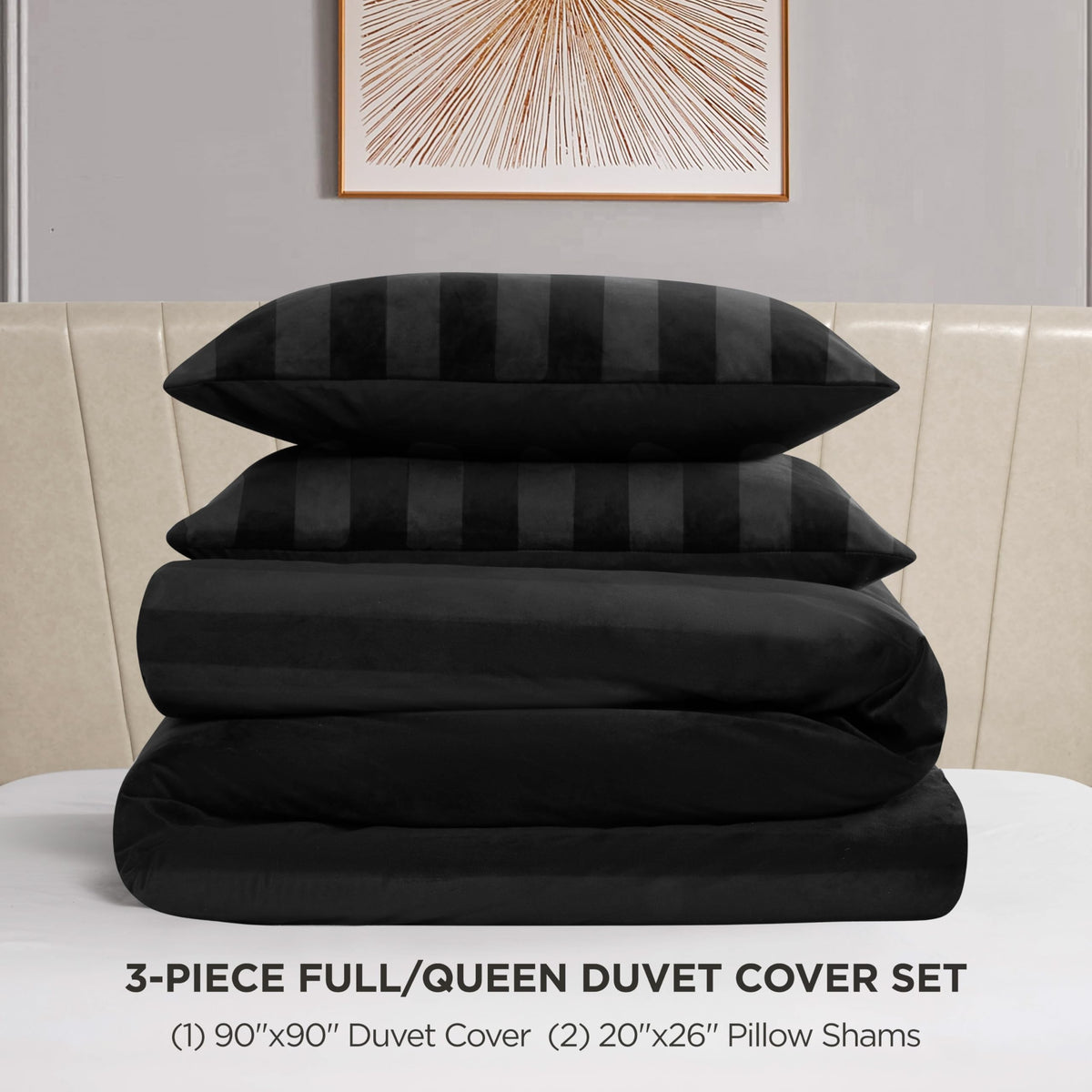 Jenny Velour Striped Jacquard Queen/Full Size Duvet Cover Bedding Set Ensemble - Black 3 Piece Set