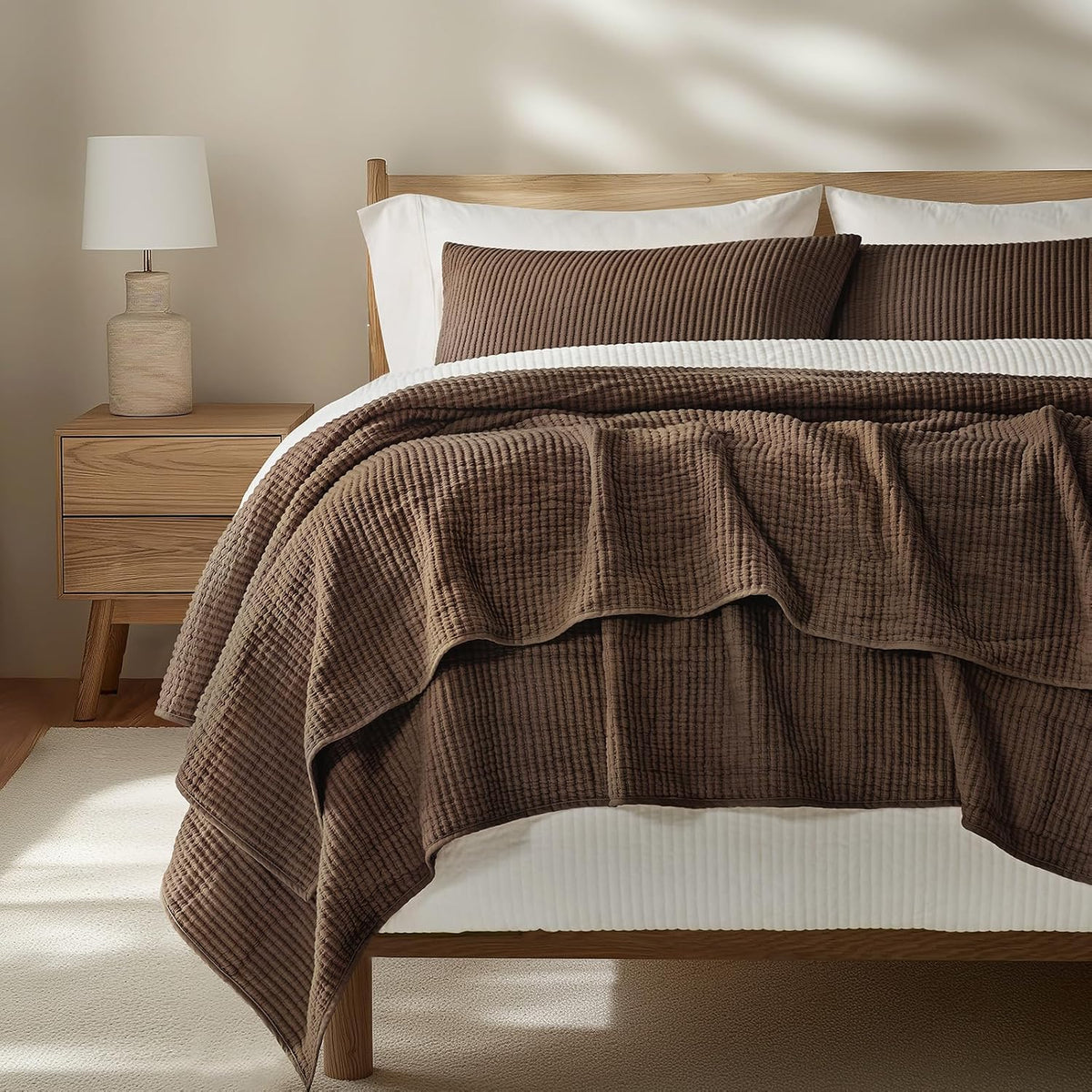 Cotton Coverlet Set 3 Pieces, Lightweight Soft Ribbed Matelassé Bedspread Quilt Set, Cozy Oversized Quilted