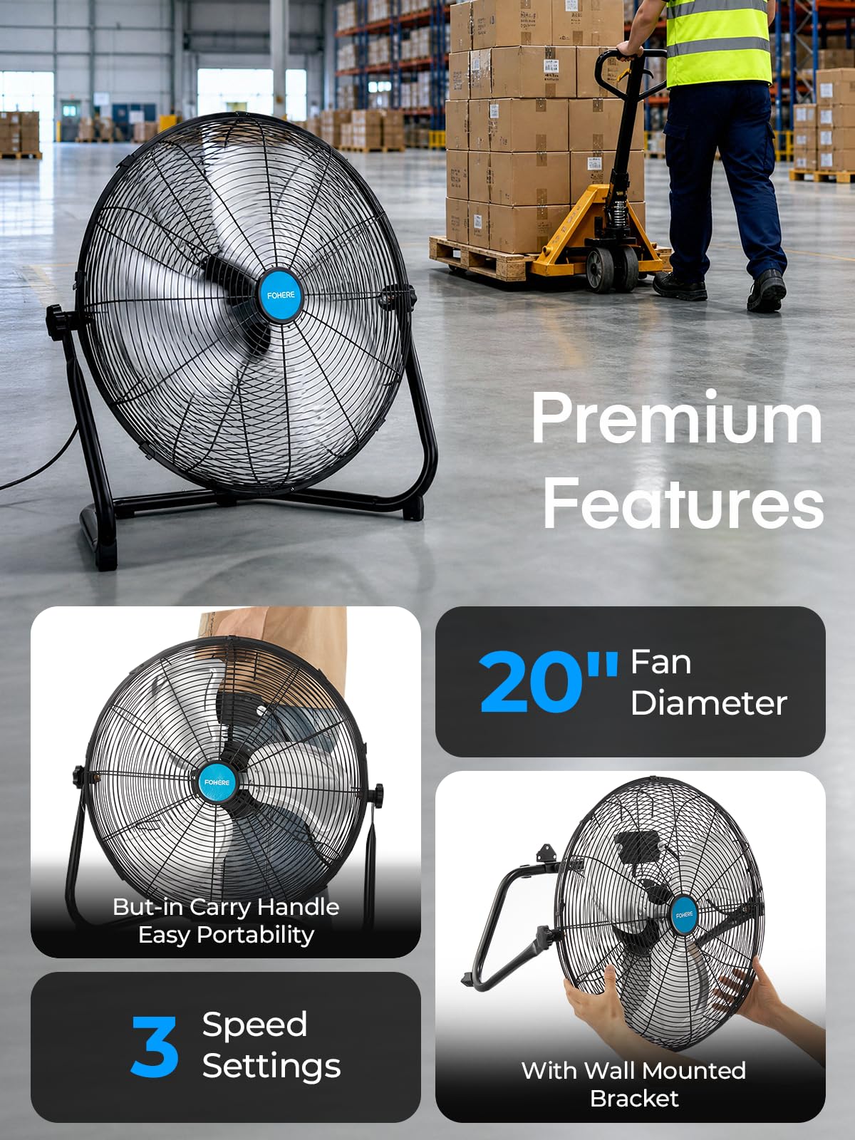 2-Pack 20-Inch High Velocity Floor & Wall Mount Fans, 4700 CFM