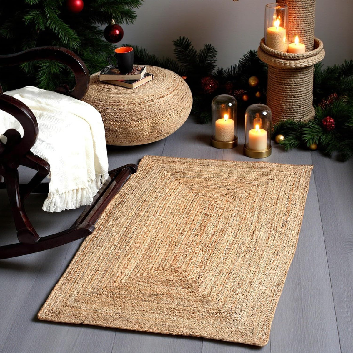 Pack of 1 Handwoven Braided Jute Area Rug Rectangular - 100% Natural Burlap Reversible Accent Rugs for Home