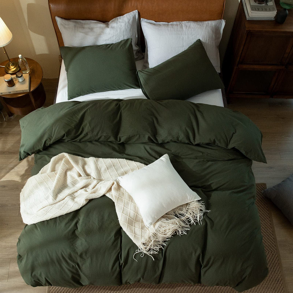 Dark Green Duvet Cover, 100% Washed Cotton Linen Like Textured Green Bedding Set, 1 Duvet Cover with 2