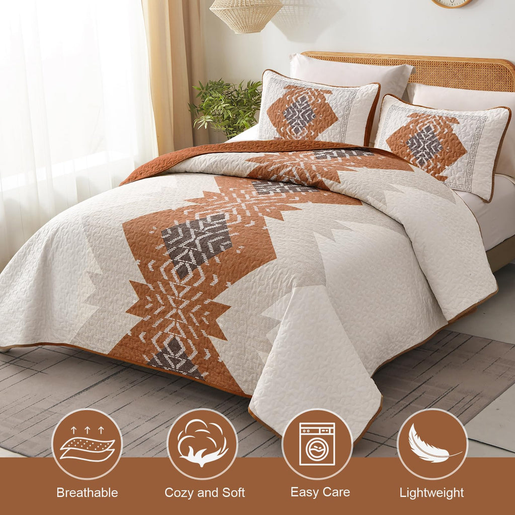 Boho Queen Quilt Set, Terracotta Aztec Reversible Bedspread