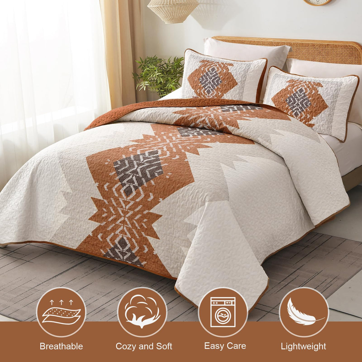 Boho Queen Quilt Set, Terracotta Aztec Reversible Bedspread