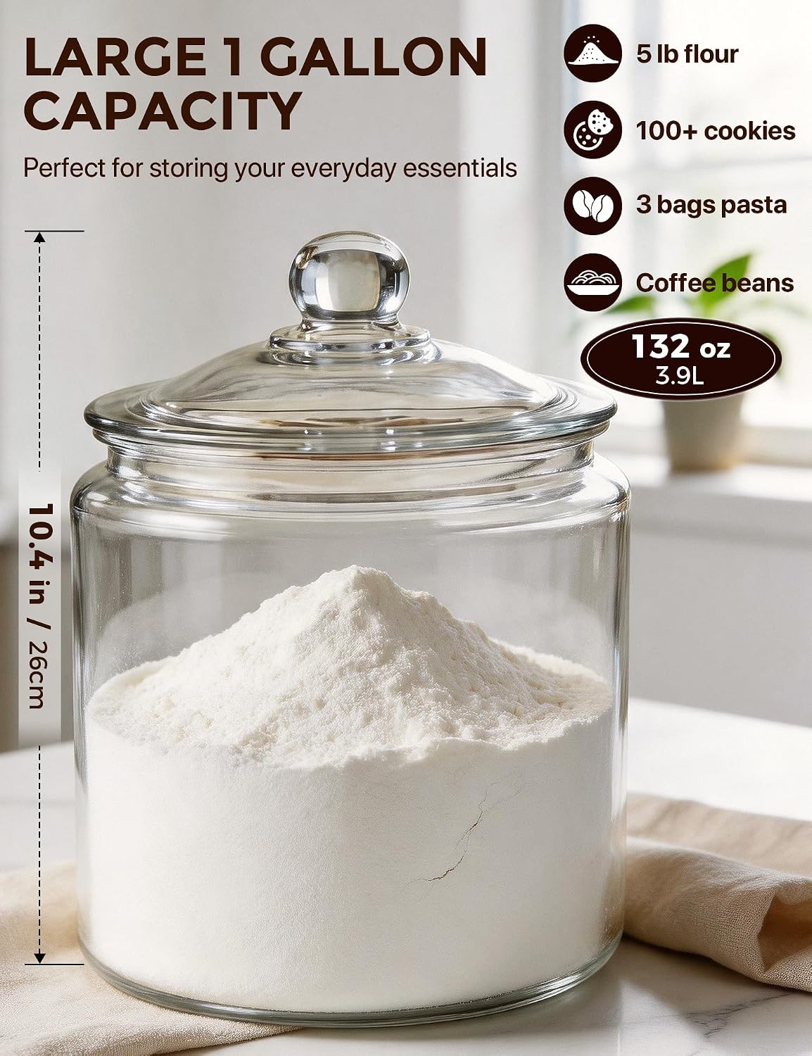 1-Gallon Cookie Jar with Wide Mouth, Glass Lid, and Silicone Seal