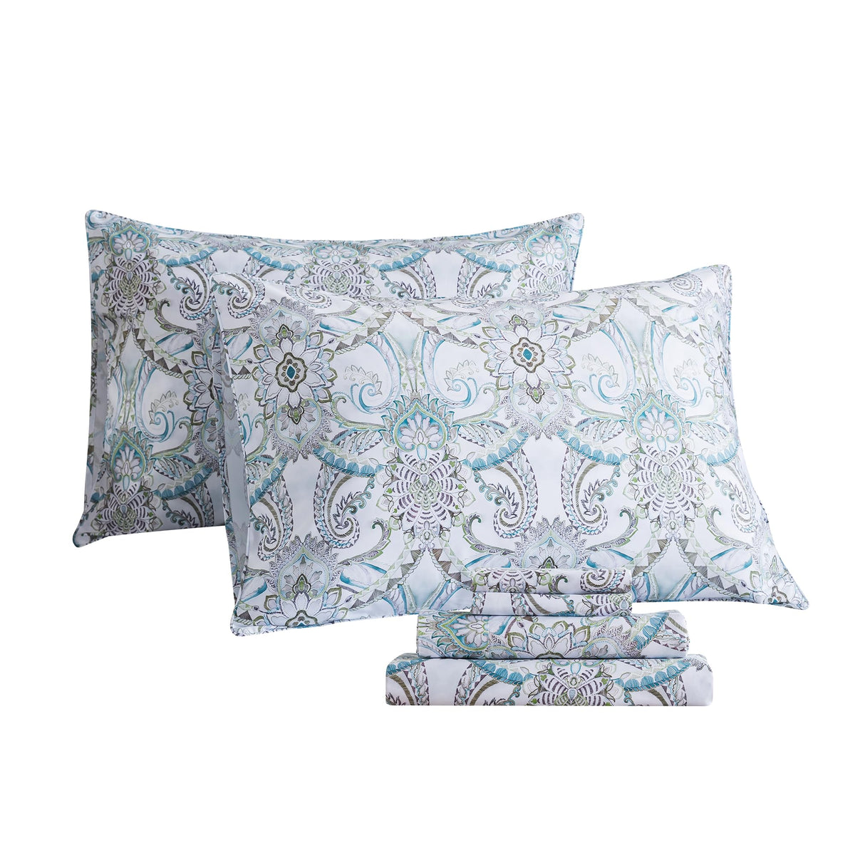 Blue Paisley Sheets Set Full Classic Boho Paisley Bedding Luxurious Bohemian Damask Paisley Bed Sheet Breathable 100%