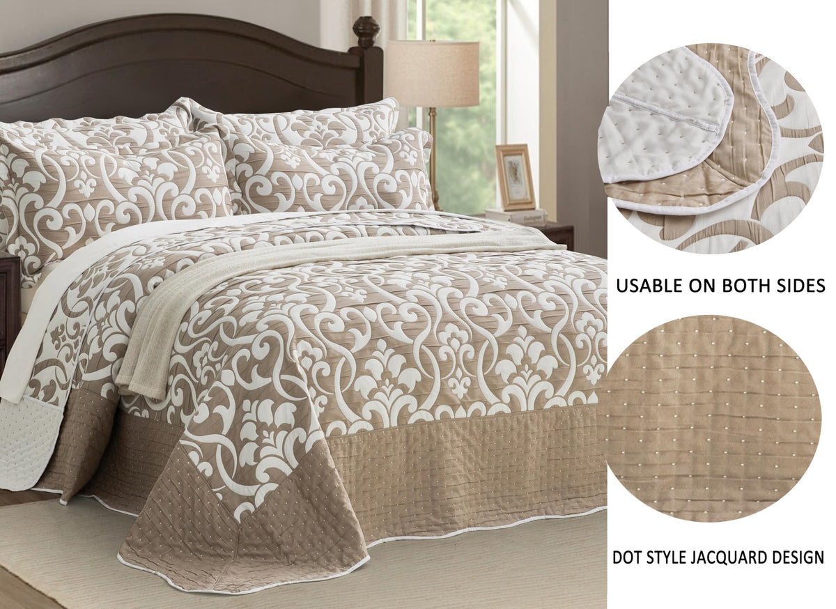 Oversized Bedspread 128x120, Jacquard Matelasse Floral Damask Design, 5-Piece Lightweight Reversible Microfiber