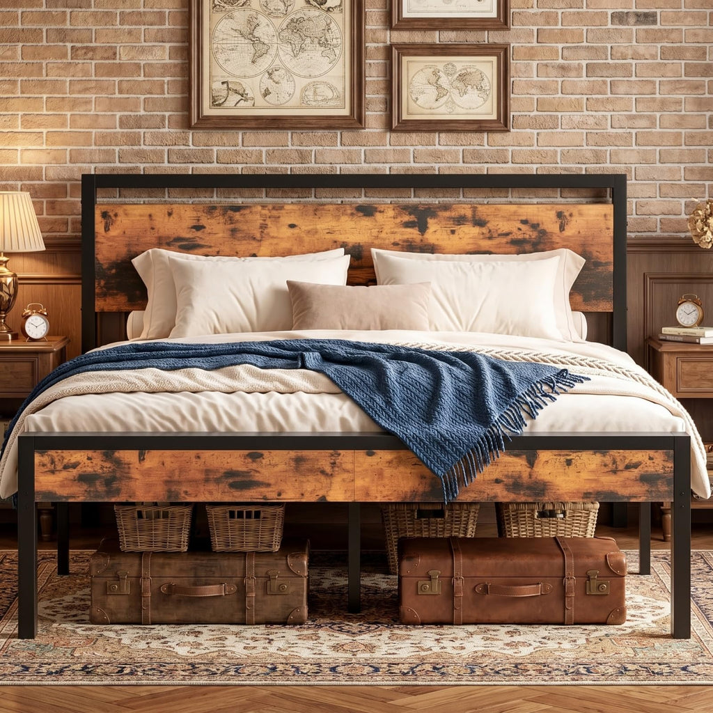 Bed Frame with Wood Headboard, Rustic Platform Bed Metal
