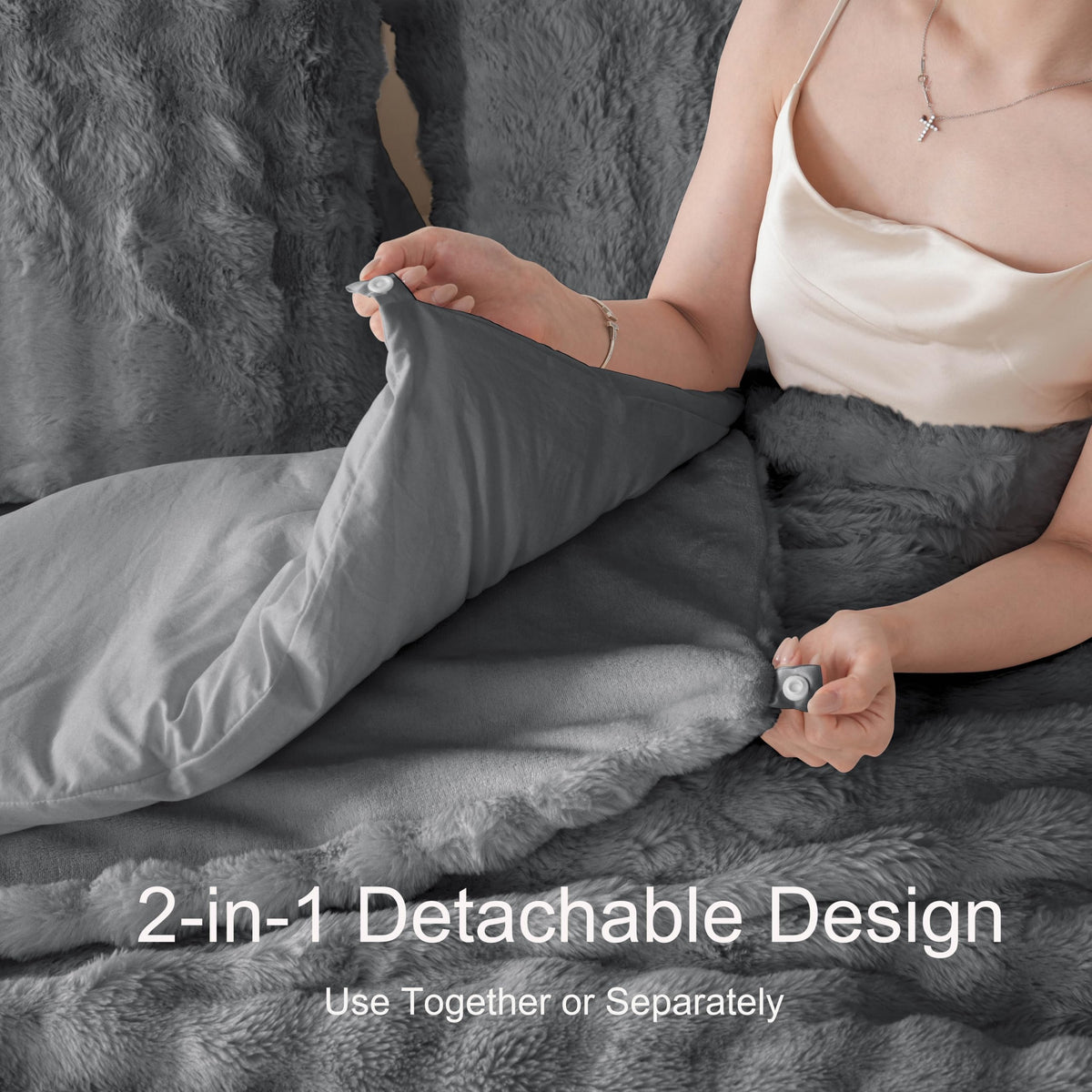 2-in-1 Faux Rabbit Fur Comforter Set, 6-Piece Grey