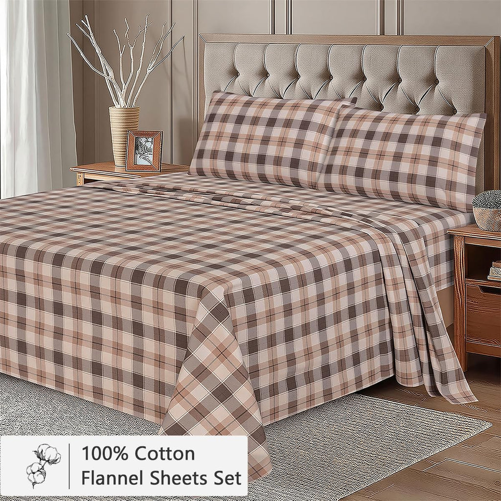 100% Cotton Flannel Sheets, 4 PCs, Beige & Grey Plaid