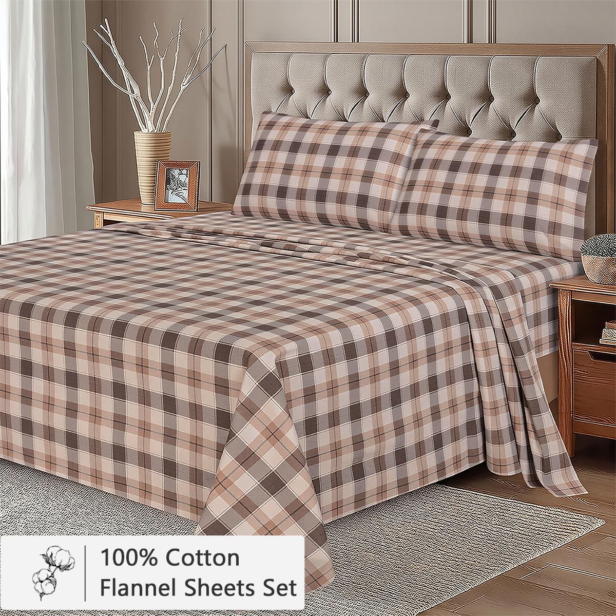100% Cotton Flannel Sheets, 4 PCs, Beige & Grey Plaid