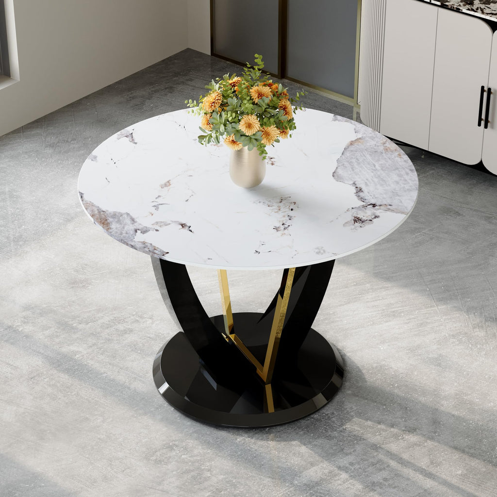 Inspired Saarinen Style 42 Inch Round Faux Marble Dining Table for 4, Modern Small Kitchen Table with Black Pedestal Base, Space Saving