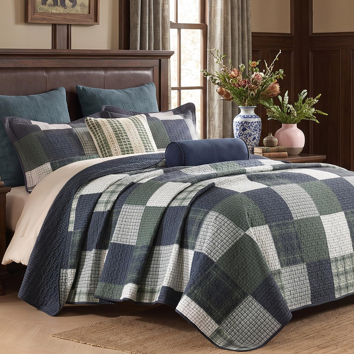 Rustic Quilt Set, 100% Cotton Plaid Patchwork Bedspreads