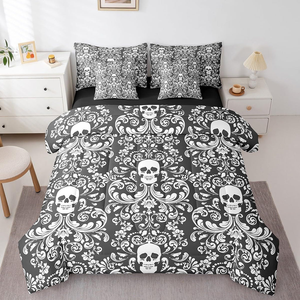 Damask Gothic Bedding Set Adults Antique Victorian 7 Piece Comforter Set Full Bed in a Bag, Black and White Sugar
