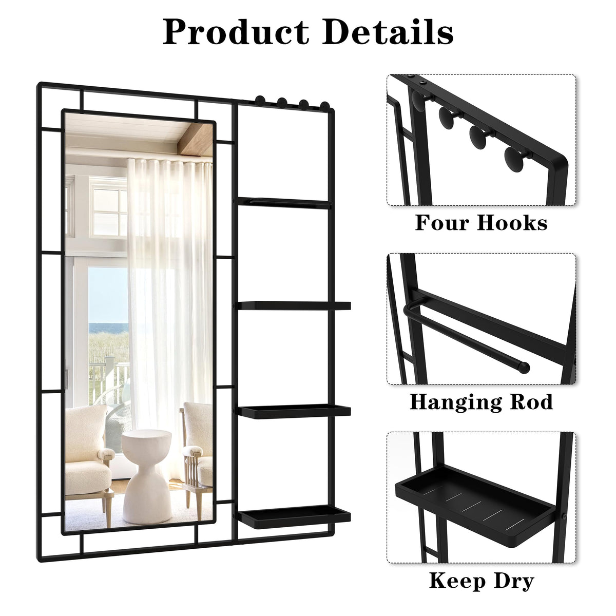 43" X 30" Black Wall Mounted Mirror for Wall, Full Length Mirror with Shelf and Hooks, Large Wall Mirror with Metal