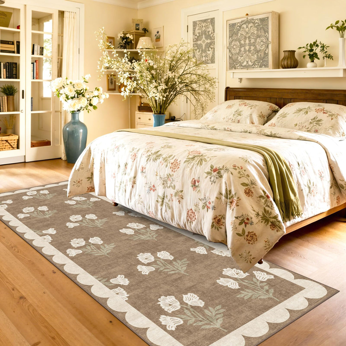 Non Slip Washable Kitchen Runner Rug - Long Tan Hallway Runner Rugs Soft Boho Runners s Vintage Floral Scalloped