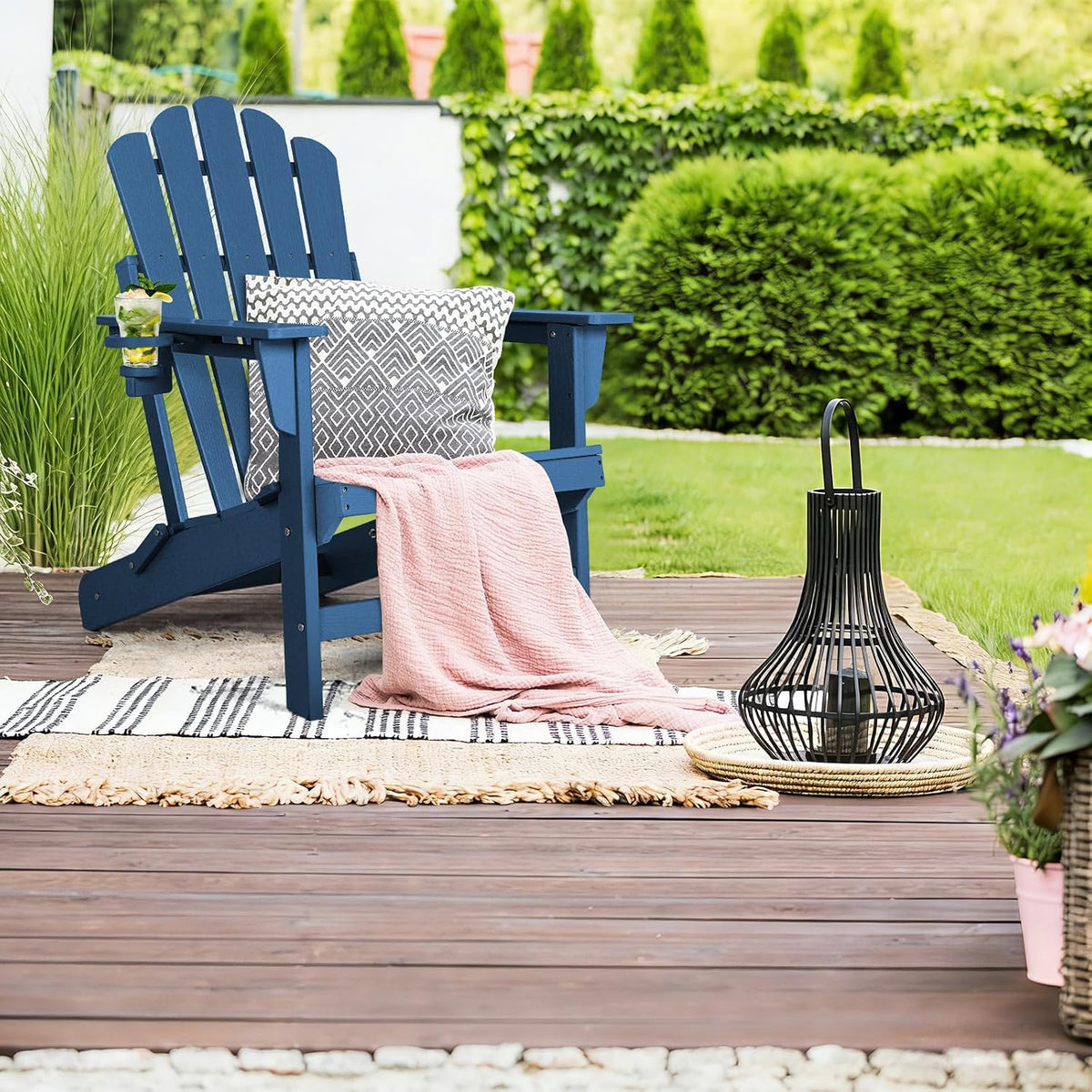 Folding Adirondack Chair Set of 4, Fire Pit Chairs with Cup Holder | Wood-Grain, HDPE All Weather, Quick-Folding, No
