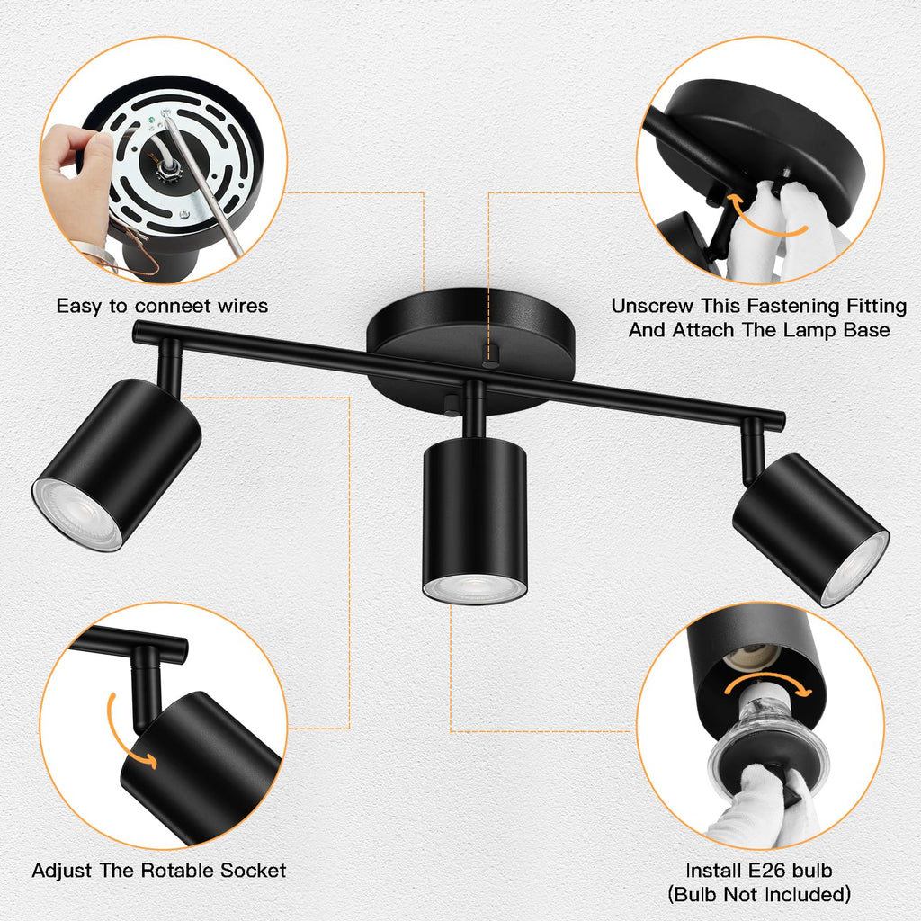 LED 3 Light Track Lighting Kit, Black 3 Way Ceiling Spot Lighting, Flexibly Rotatable Light Head, GU10 Bulb Not