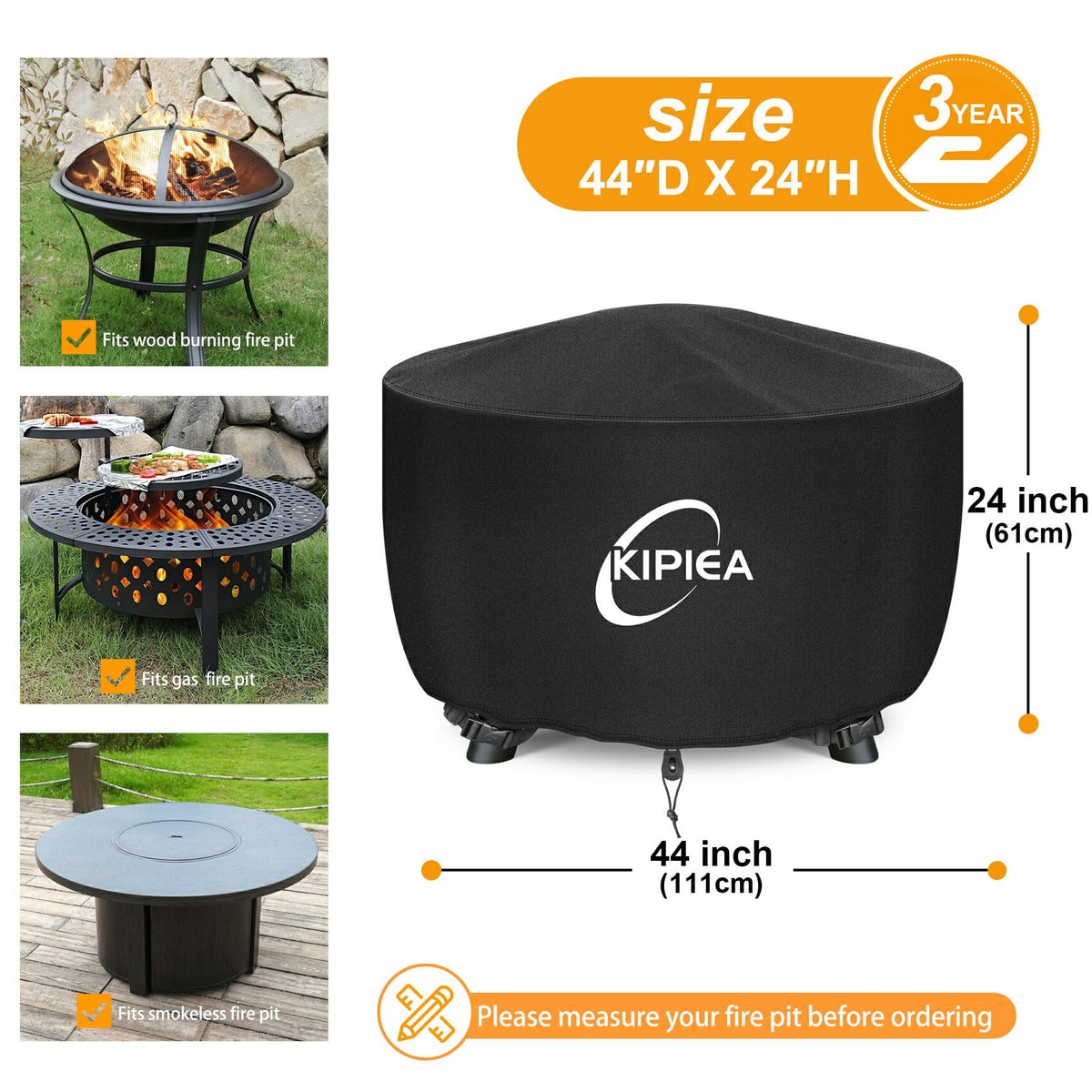 Round Fire Pit Cover 100% Waterproof, 44" D x 24" H Outdoor Firepit Cover, Upgraded 600D Strong Tear and UV
