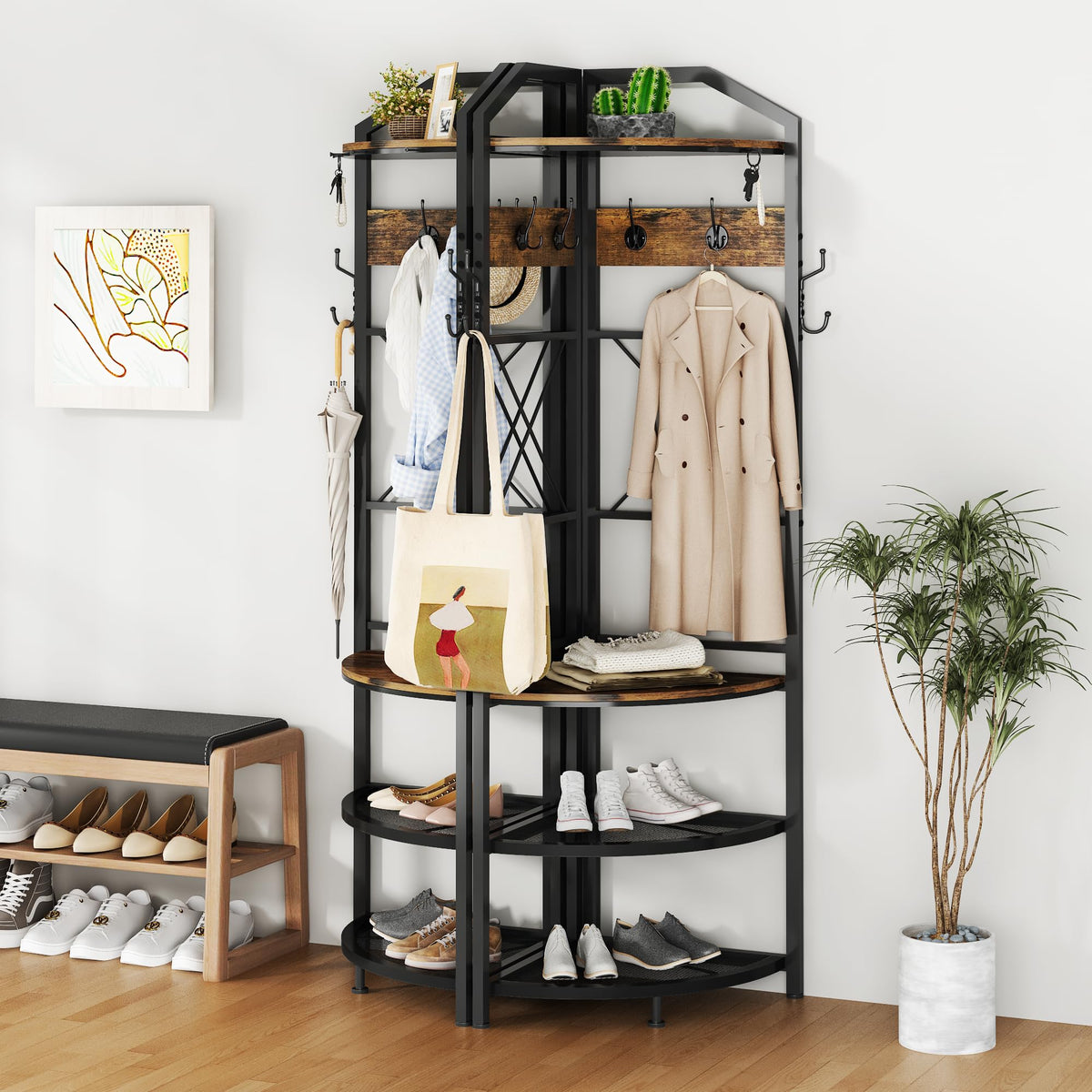 Corner Coat Rack with Storage, Entryway Corner Hall Tree with Shoe Bench and 10 Metal Hooks, Farmhouse Clothes Rack