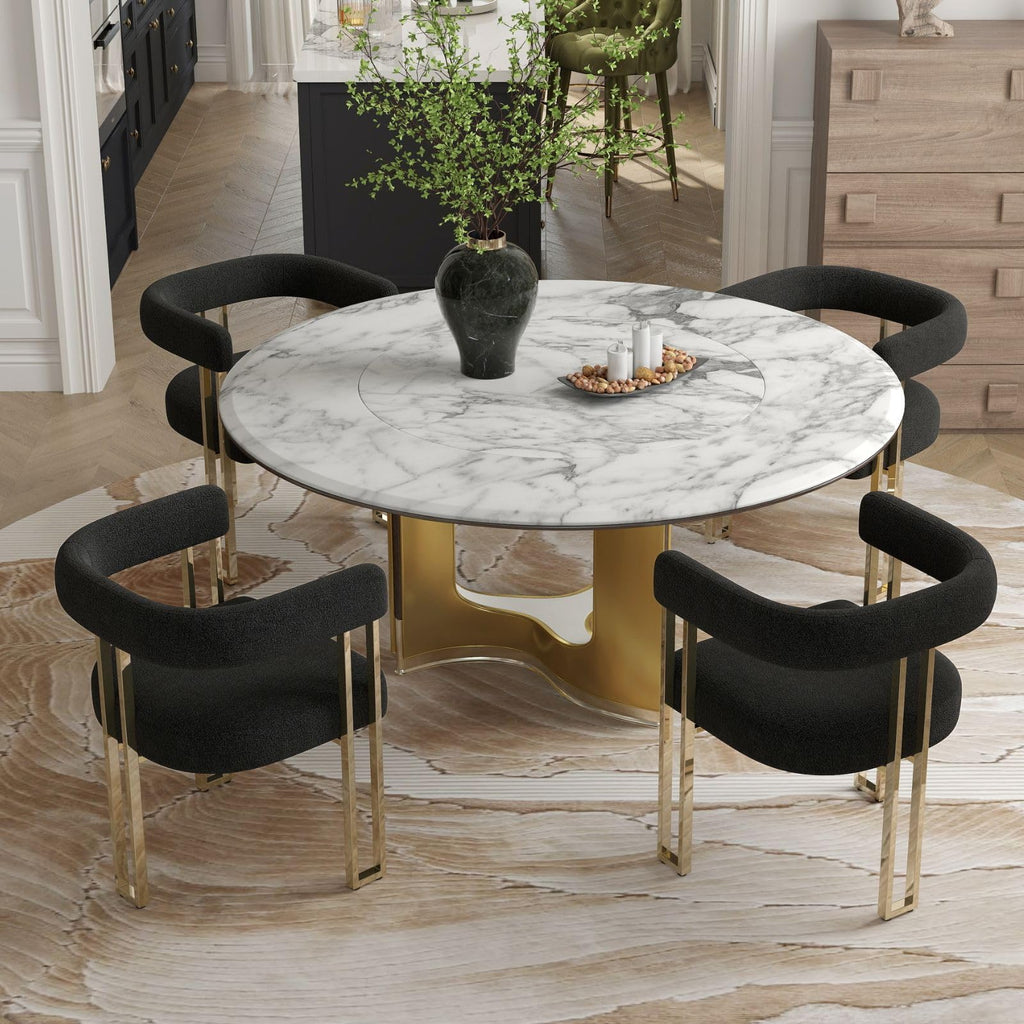 Set of 4 Modern Black Boucle Dining Chairs with Gold Metal Legs, Mid Century Accent Upholstered Barrel Armchairs with