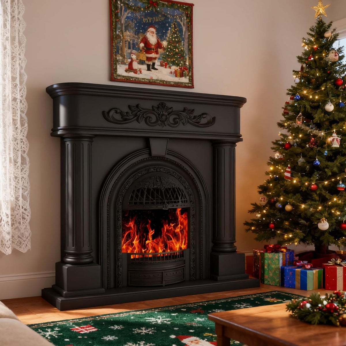 Electric Fireplace with Mantel, Solid Wood 51Inch Fireplace TV Stand with Roman Column for Living Room, Vintage Style