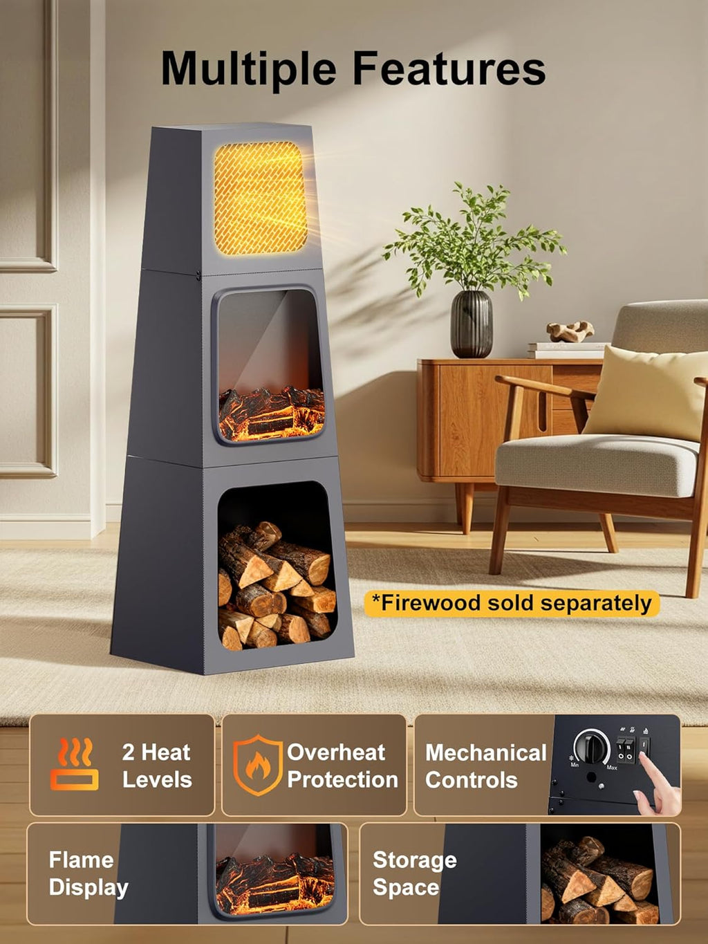 47 Inch Corner Electric Fireplace Heater for Indoor Use, Freestanding Space Heater with 3D Flame Effect, Dual Heat Modes and Overheat Protection