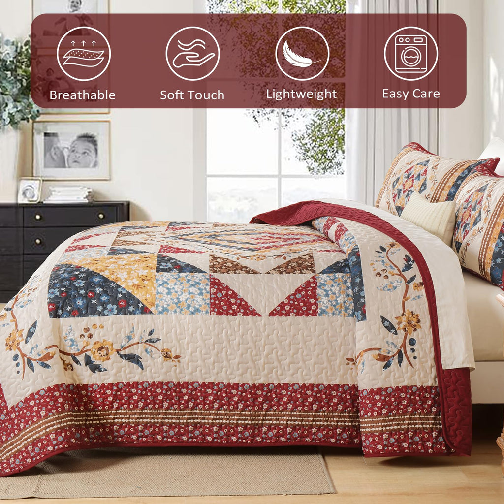 Patchwork Quilt Bedding Set, Red Farmhouse Floral Bedspread