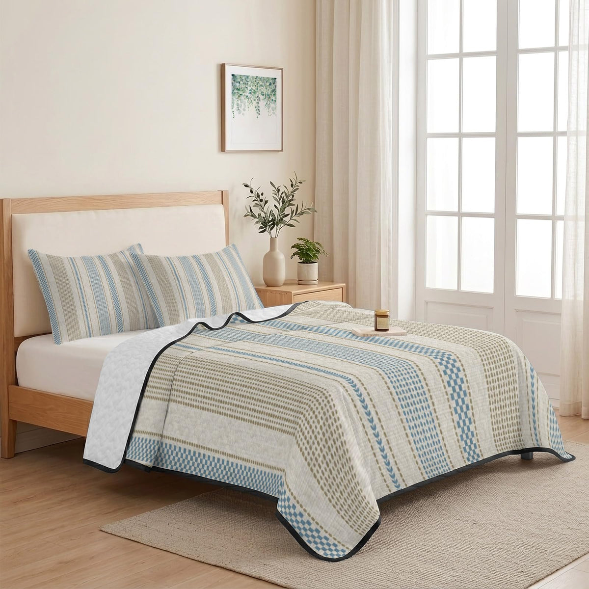 Vintage Striped Quilts Bedding Set Blue Brown Vertical Ticking Stripes French Country Lightweight Quilted