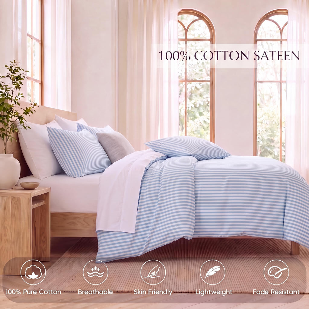 Blue Striped Comforter Set, 100% Cotton Comforter Set, 3-Piece