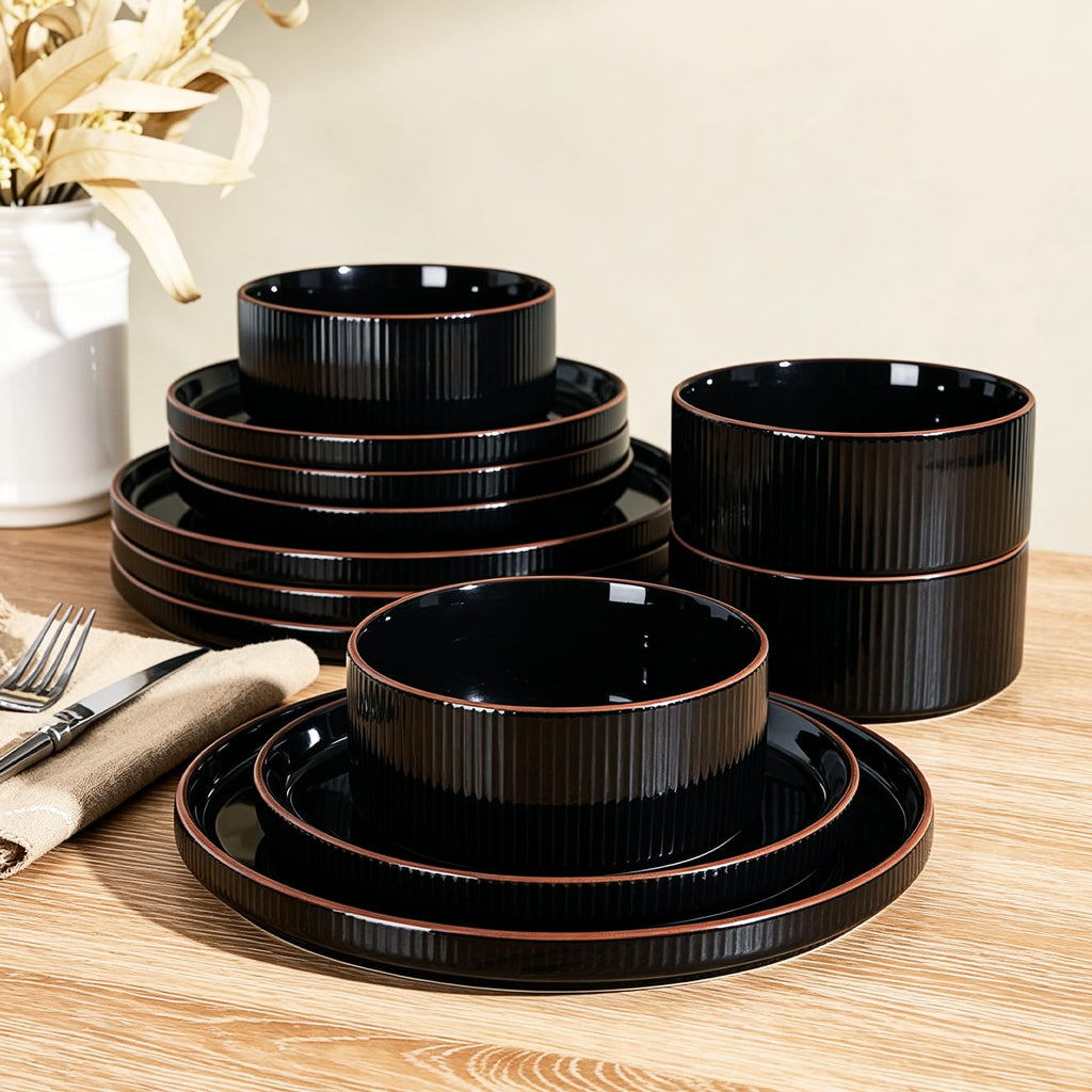 Line Porcelain Dinnerware Set, dish set for 4, Black