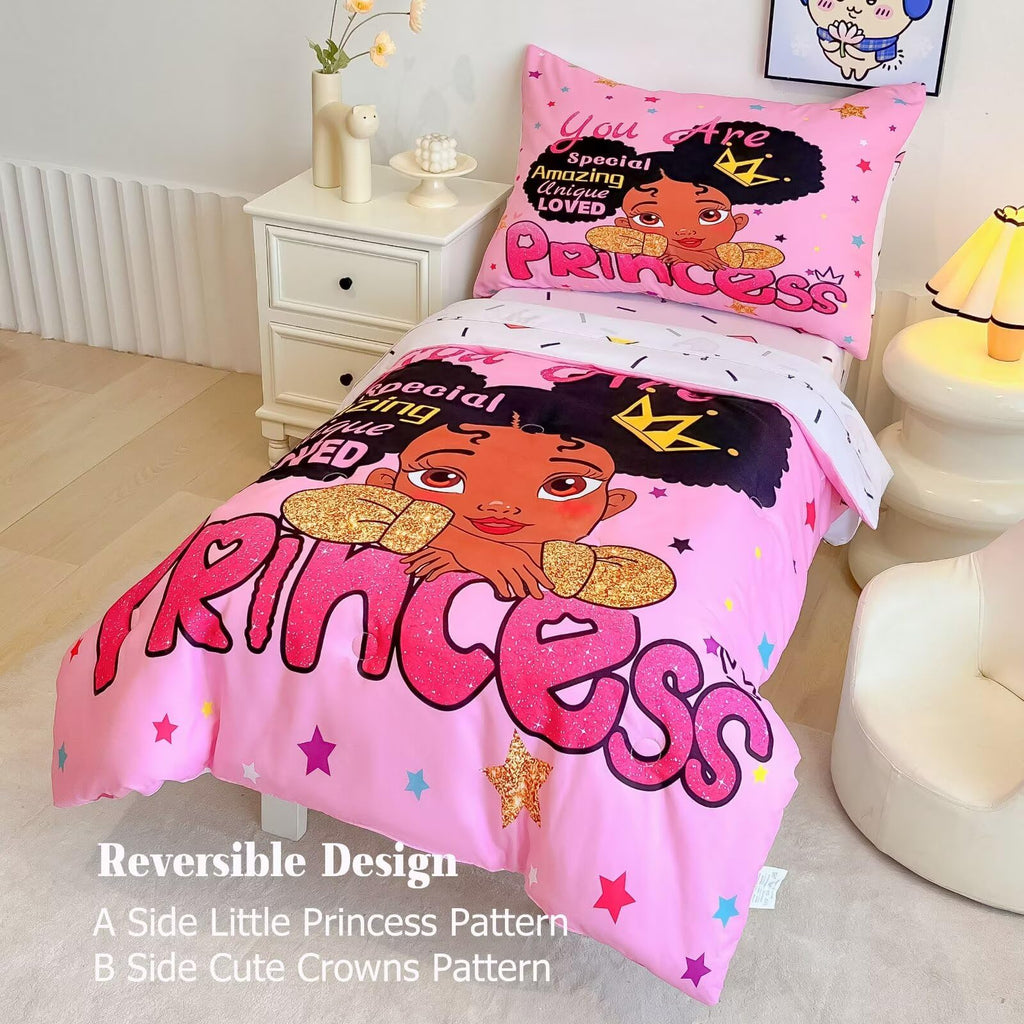 4 Piece Toddler Bedding Set for Girls,Toddler Black Girl Magic Comforter Set,Black Princess Toddler Bed Comforter Set