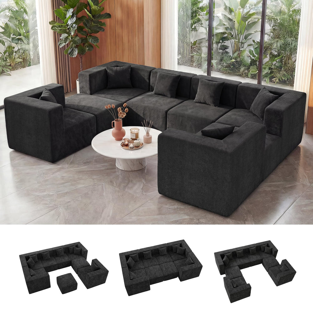 Oversized Boneless Sectional Couch 08-Seat, Chenille, Black