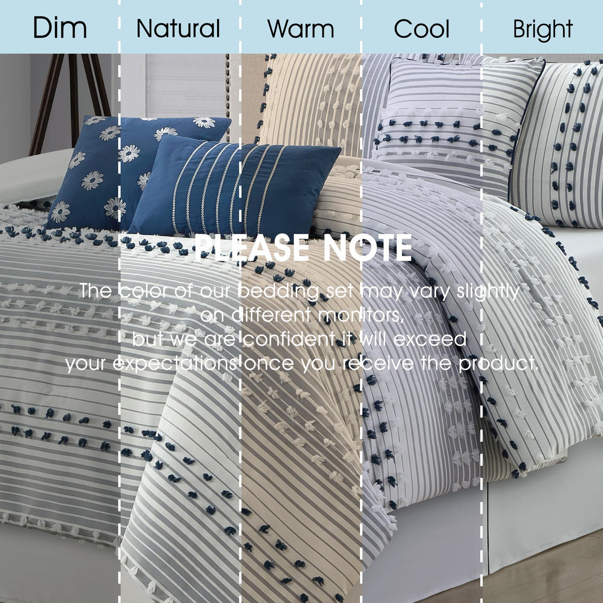 Comforter Set, Blue, Jacquard Clip Striped Design, Elegant Soft 7 Pieces Bedding Set for All Seasons, Matching