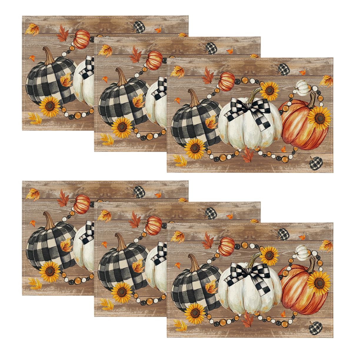 Wood Pumpkins Sunflowers Fall Placemats Set of 6-12 x 18 Inch