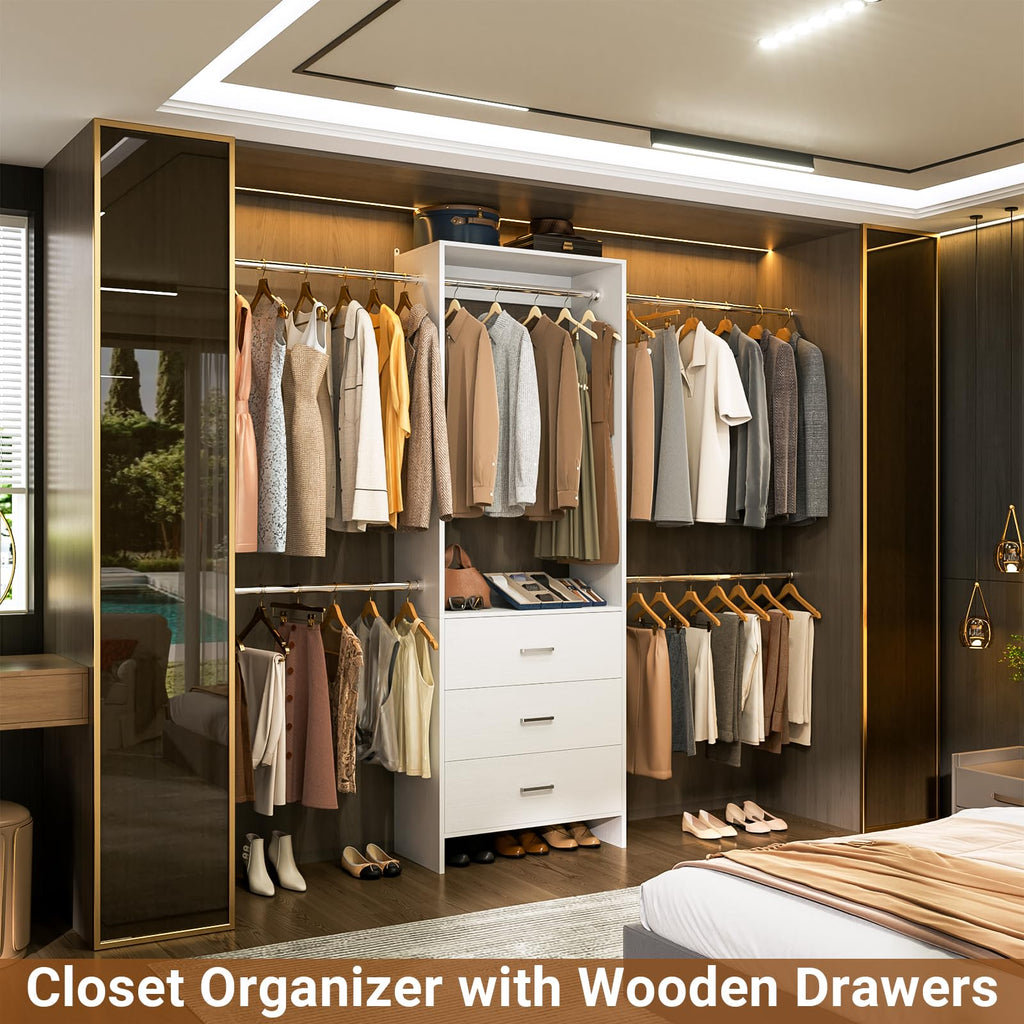 Closet System, Closet Organizer with 3 Wooden Drawers, Closet Organizer System, Walk-in Closet Wardrobe Clothes Rack
