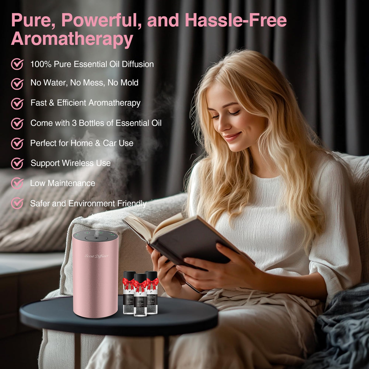 Waterless Essential Oil Diffuser Starter Kit - No Water Needed, Battery Operated Mini Scent Air Machine, Included