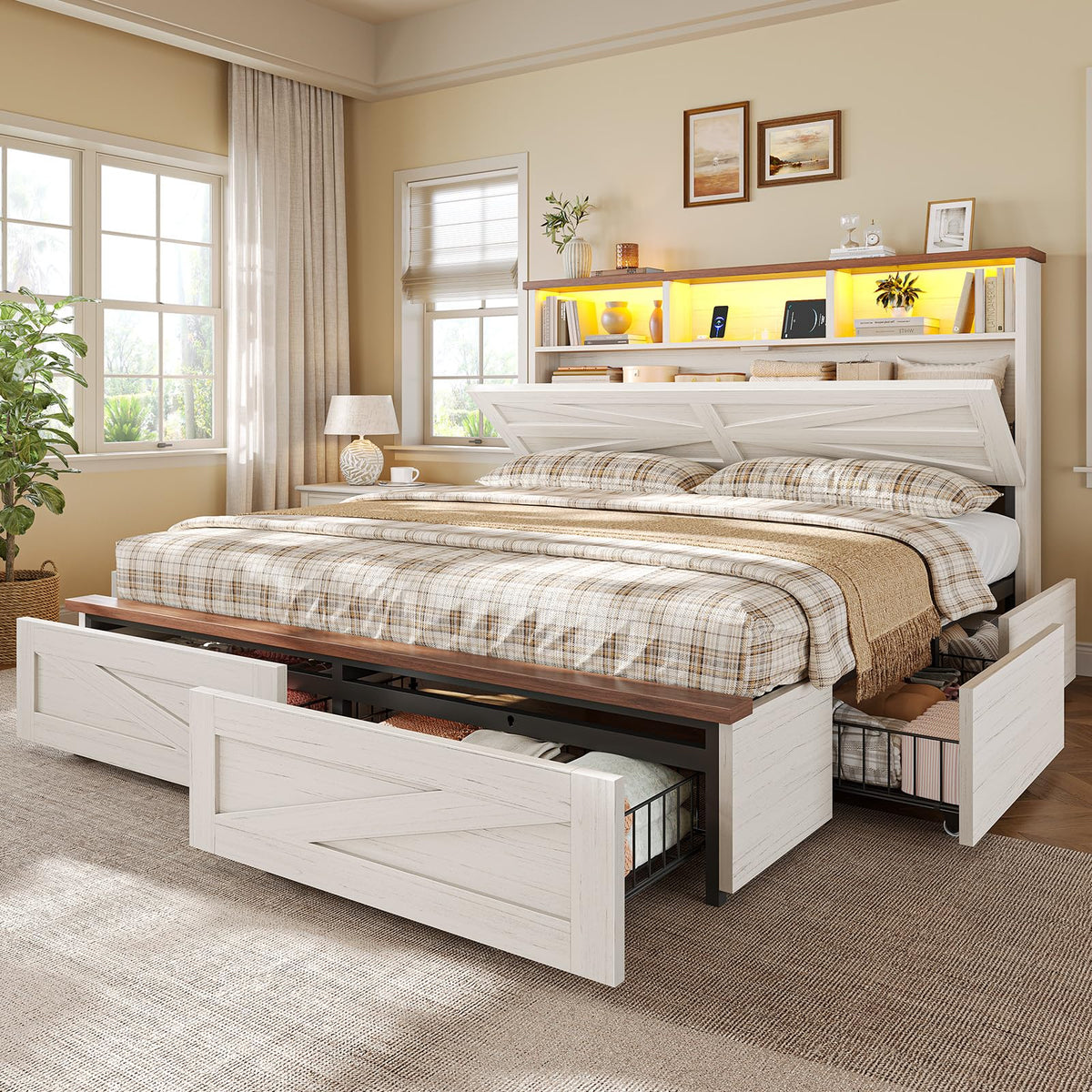 Bed Frame with 6 Drawers, Farmhouse Bed Frame with Barn Door Headboard and Storage, Wood Platform Bed Frame