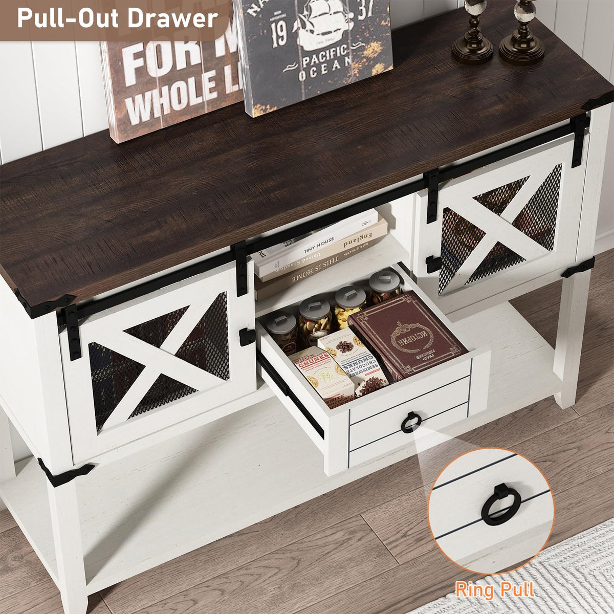 Farmhouse Entryway Table with 2 Sliding Barn Doors & Drawer, 46'' Rustic Console Table with Storage, Open Shelf