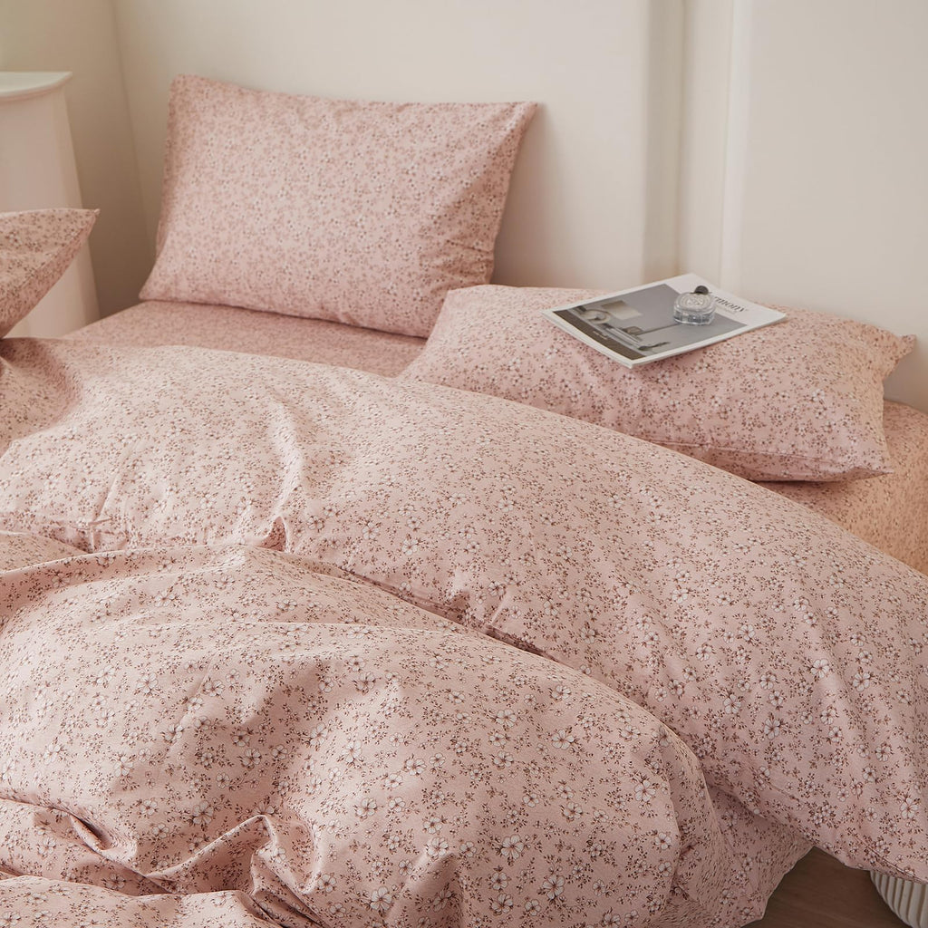 Vintage Pink Floral Duvet Cover Set, Soft 100% Cotton Botanical Flower Bedding Set, Chic Aesthetic Coquette