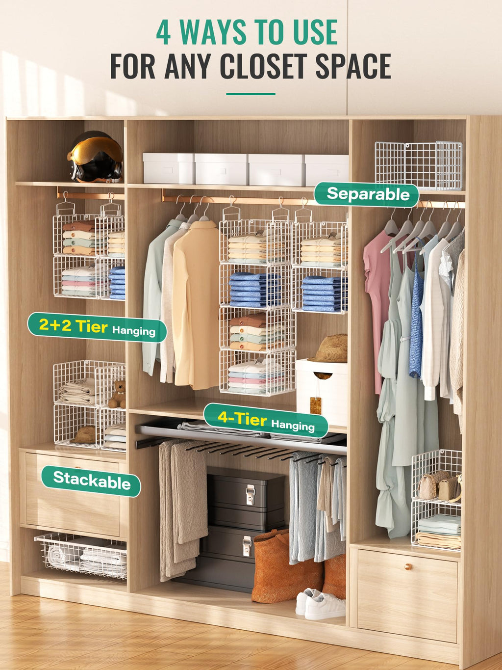 Hanging Closet Organizer, 4 Tier Metal Closet Organizers and Storage with 4 Hanging Hooks 4 S-Hooks for Wardrobe