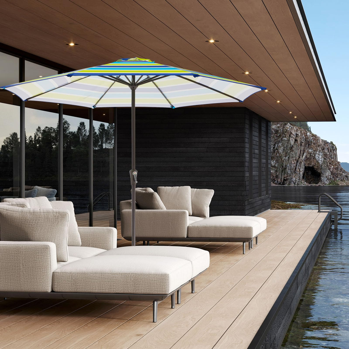 11' Patio Umbrellas Outdoor Table Umbrella, Blue Green Striped