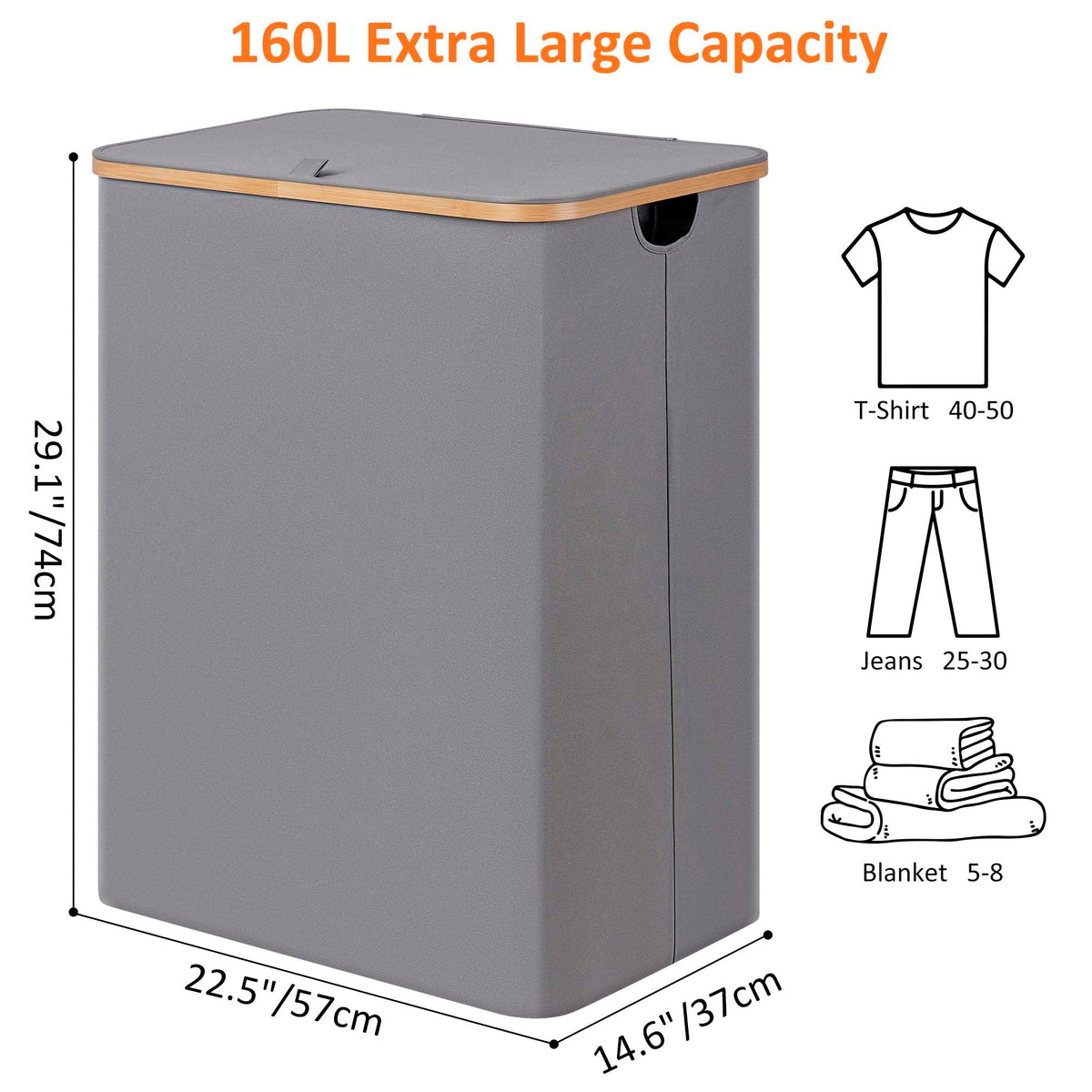Laundry Hamper 3 Section with lid and 3 Removable Bags, Silver Grey
