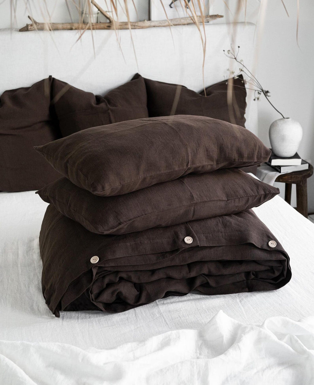 Bedding Set in Chocolate - Duvet Cover & 2 Pillowcases Set in Size with Button Handmade