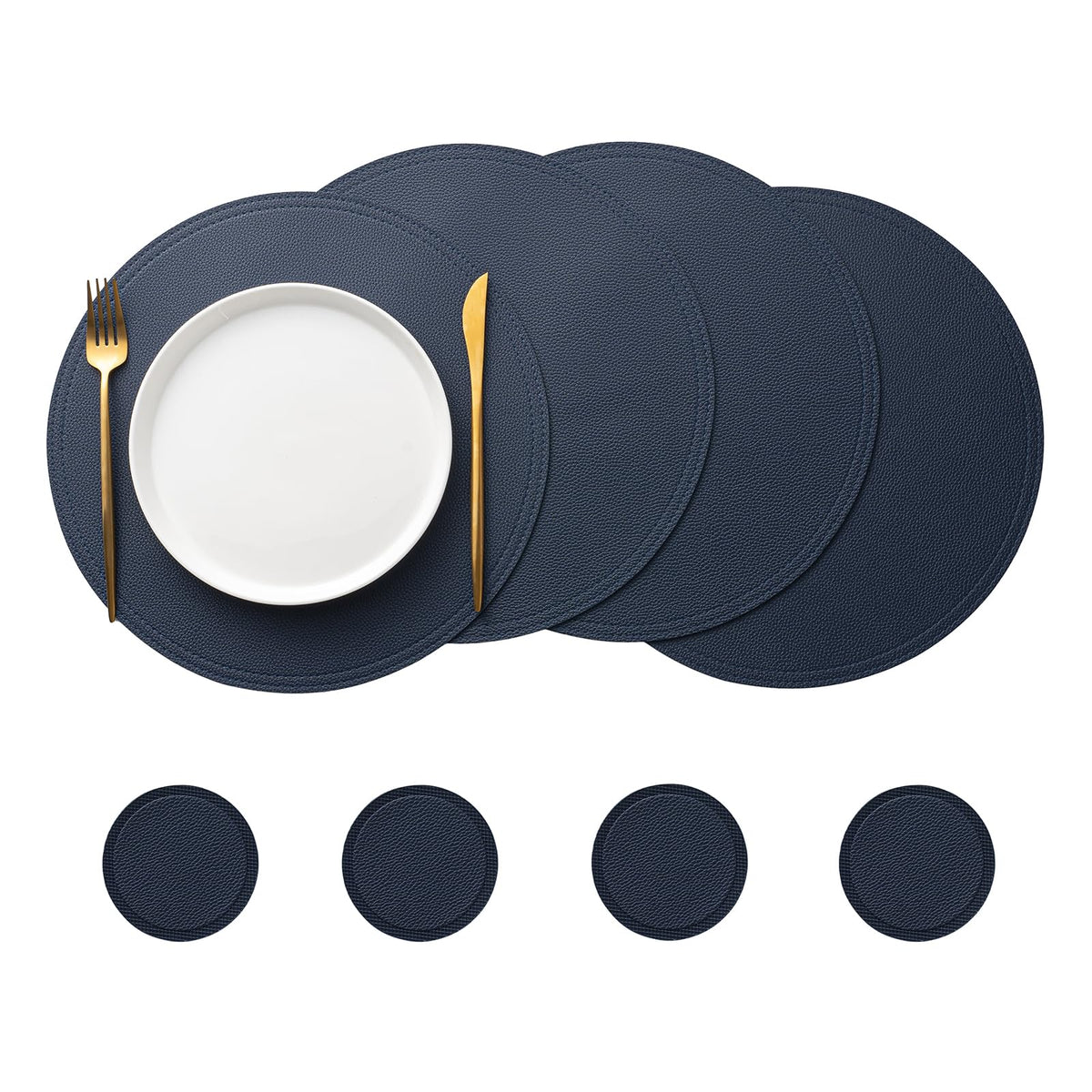 Navy Faux Leather Round Placemats and Coasters, Coffee Mats Kitchen Table Mats, Waterproof, Easy to Clean for Round