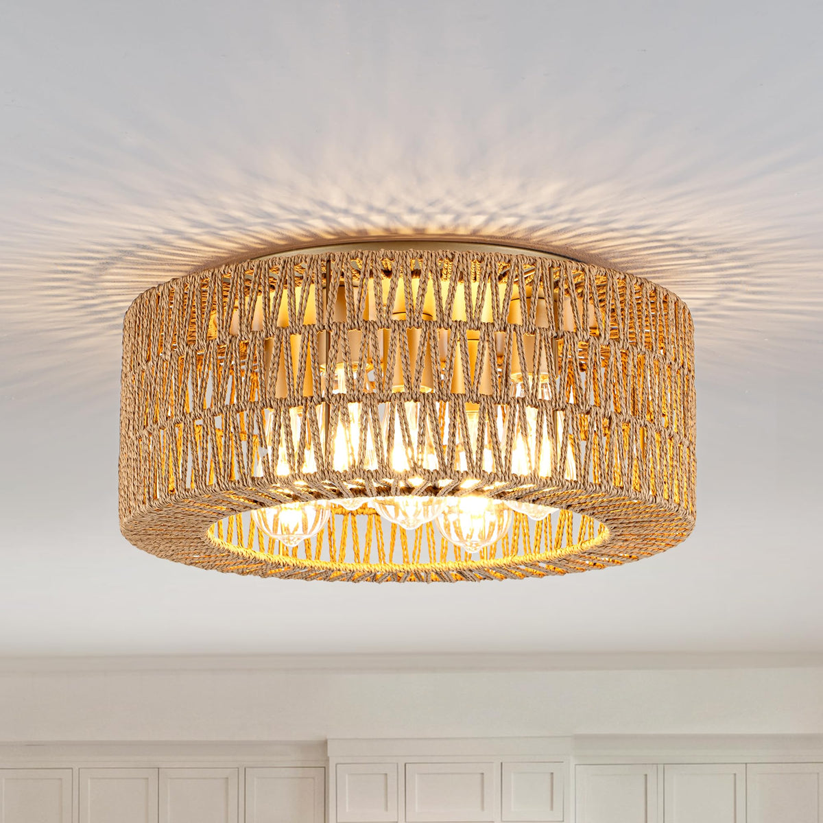 18" Rattan Light Fixture, 5-Light Boho Ceiling Light, Gold Flush Mount Ceiling Light