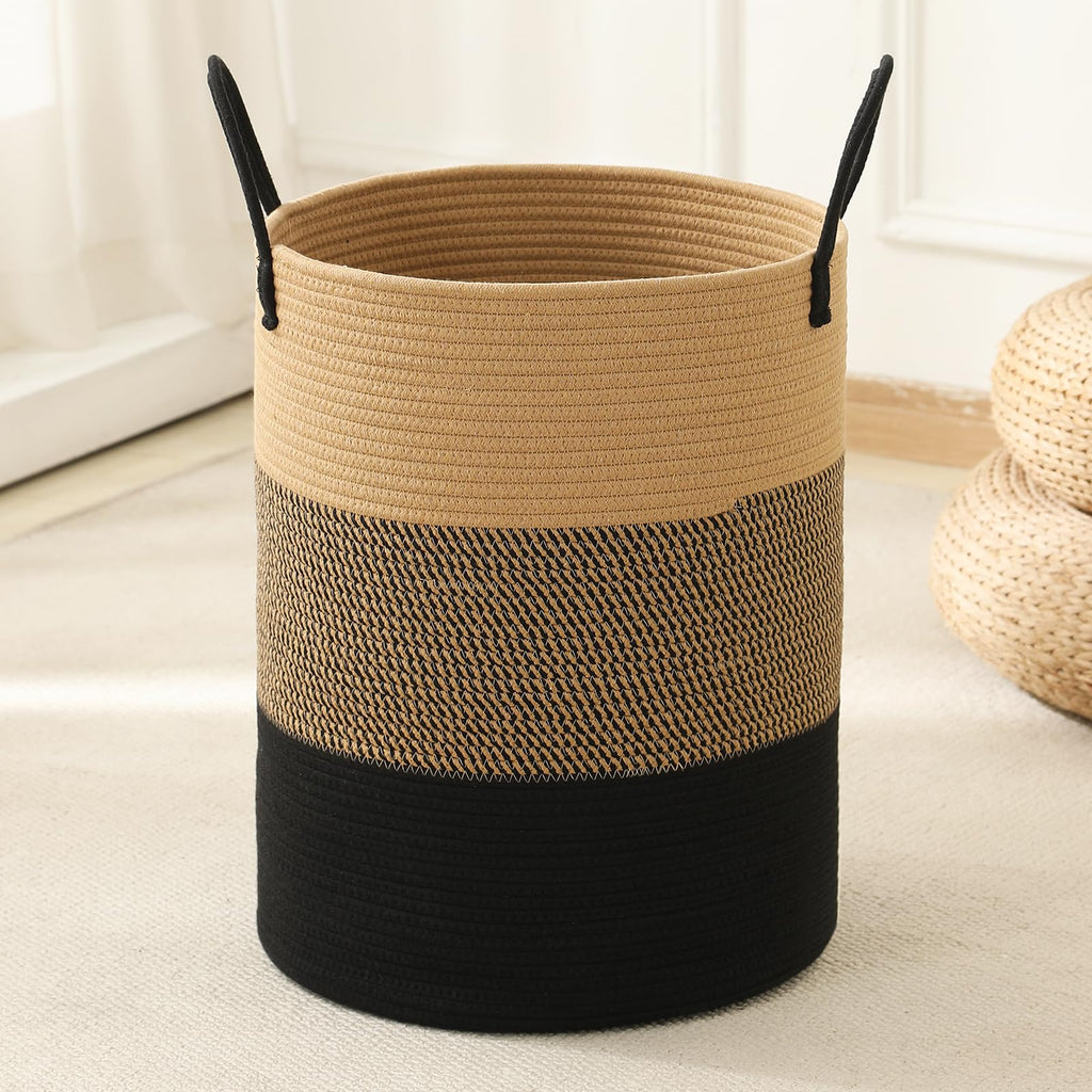 Basket Hamper Tall Rope Storage Woven for Blanket toys Dirty Clothes Bathroom Bedroom (Jute Brown & Black